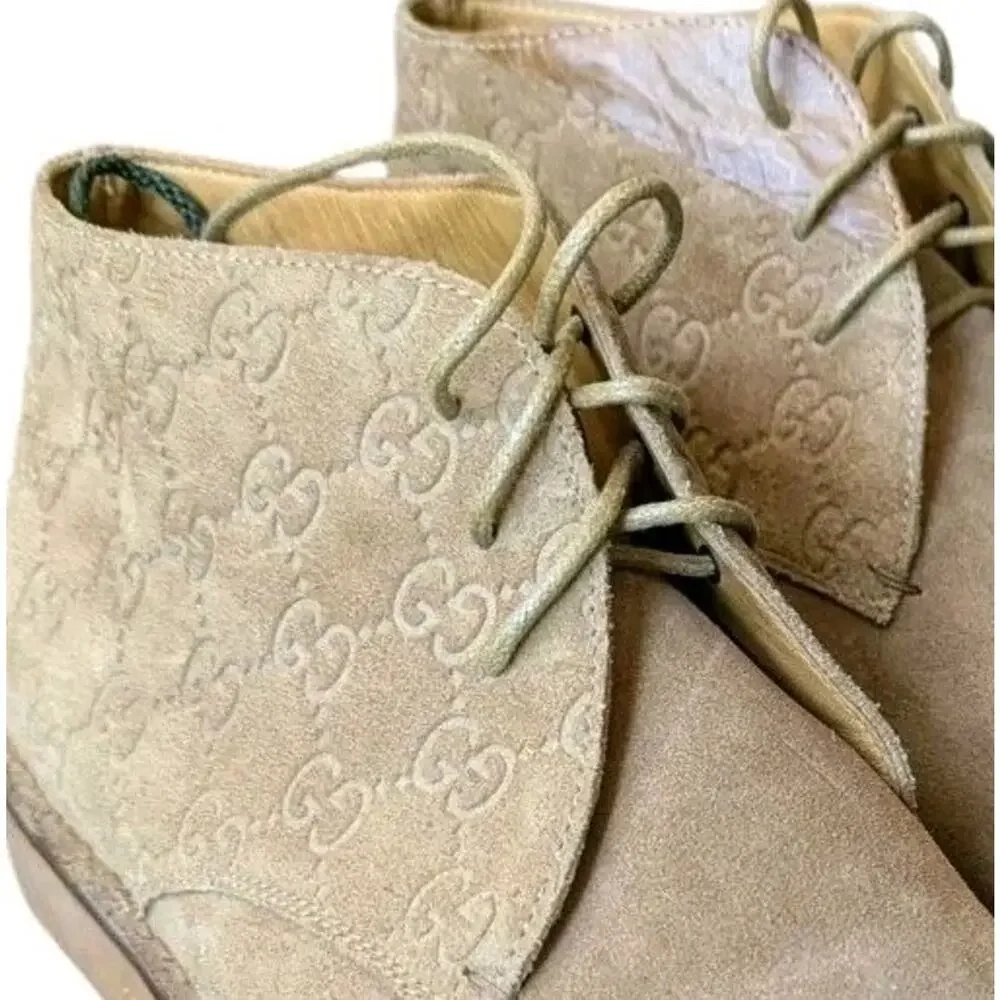 Gucci Antigua Ankle Boots Tan Suede GG Monogram Chukka Desert Mens 10 Italy